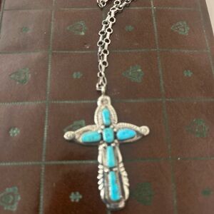 Turquoise and Silver Cross Pendant Necklace